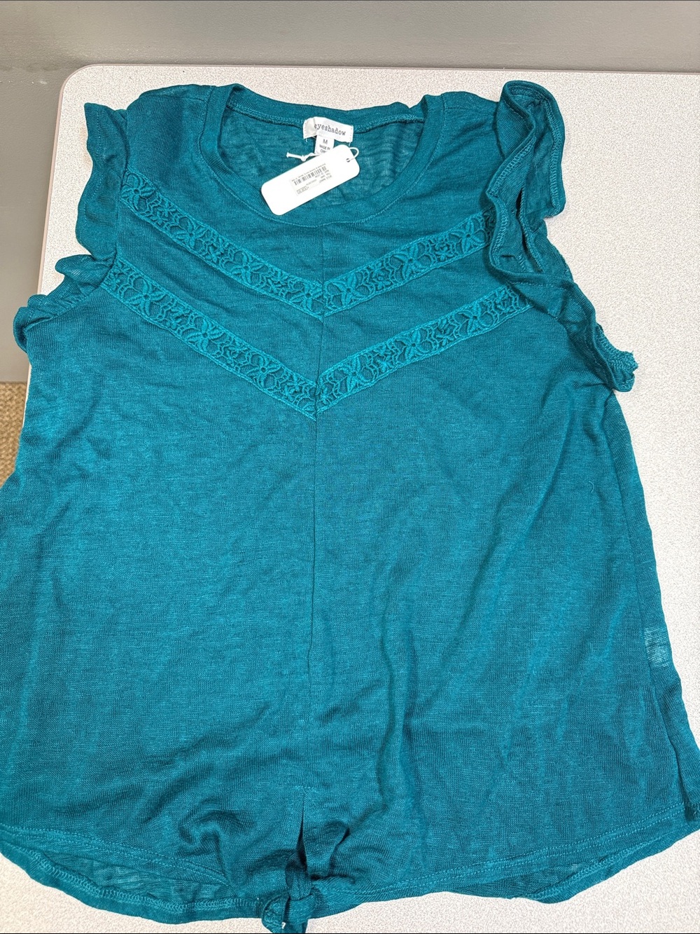 Eyeshadow‎ Teal Flutter Sleeve Lace Trim Top Medium NWT